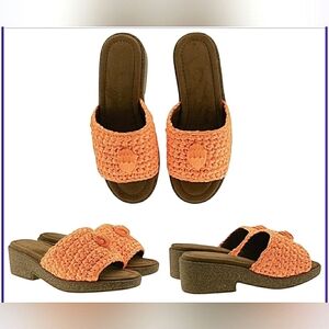Kurt Geiger Boho Coral Orange Casual Crochet Eagle Slip-On Slide Sandals New